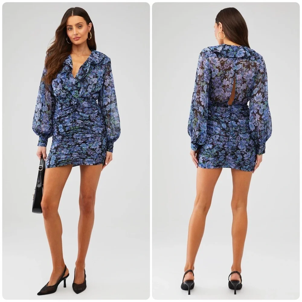 New! Sabina Musayev Lark Blue Floral Chiffon Long Sleeve Mini Dress 💙 Small NWT!